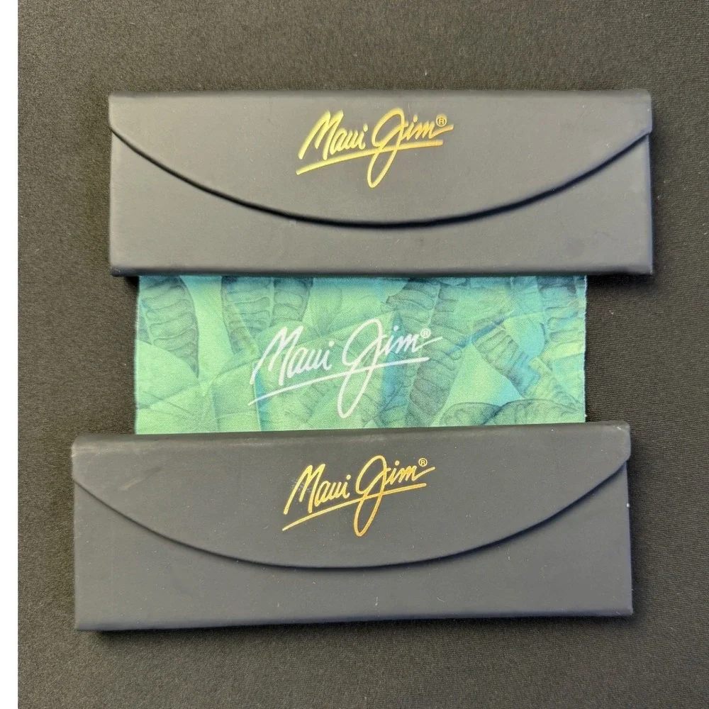 Maui Jim Sunglasses Case Set 2 Black Folding Hard Case Tropical Cleaning Cloth